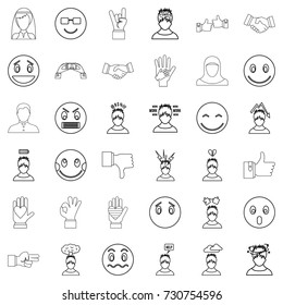 Emotion icons set. Outline style of 36 emotion vector icons for web isolated on white background