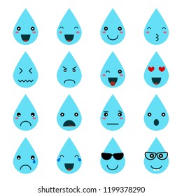 Emotion Icons Set, Smile Vector Illustration. Different Emotions Raindrop Character, Icon Isolated Collection For Chats And Stickers. Oncept For Cards Or Banners