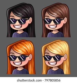 Emotion icons smile female in black glasses with long hairs for social networks and stickers. Vector illustration