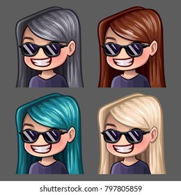Emotion icons smile female in black glasses with long hairs for social networks and stickers. Vector illustration