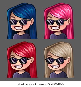 Emotion icons smile female in black glasses with long hairs for social networks and stickers. Vector illustration