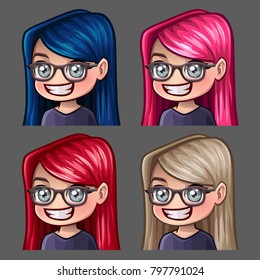 Emotion icons smile female in glasses with long hairs for social networks and stickers. Vector illustration