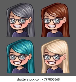 Emotion icons smile female in glasses with long hairs for social networks and stickers. Vector illustration