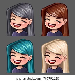 Emotion icons smile female with long hairs for social networks and stickers. Vector illustration