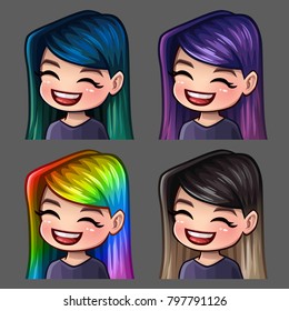 Emotion icons smile female with long hairs for social networks and stickers. Vector illustration