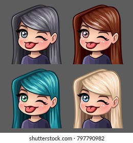 Emotion icons winks and shows tongue female with long hairs for social networks and stickers. Vector illustration