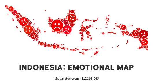 Emotion Indonesia map mosaic of sad smileys in red colors. Negative mood vector template of crisis regions. Indonesia map is made from red sad emotion symbols. Abstract geographic scheme.