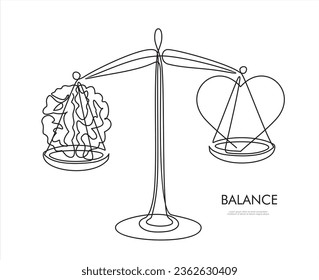 Equilibrio de emoción e inteligencia, mente, sentimiento, elección, justicia y misericordia. dibujo moderno estilizado continuo del cerebro y el corazón en balanzas de equilibrio.