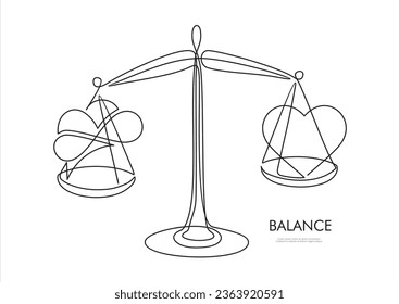 Equilibrio de emoción e inteligencia, mente, sentimiento, elección, justicia y misericordia. dibujo moderno estilizado continuo del cerebro y el corazón en balanzas de equilibrio.