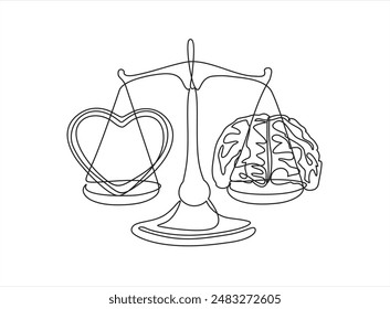 Emoción e inteligencia equilibrio, mente, sentimiento, elección, justicia y concepto de misericordia. dibujo moderno estilizado continuo de cerebro y corazón en escalas en equilibrio.