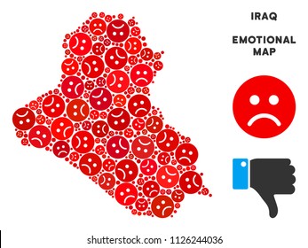 Emotion Iraq map mosaic of sad emojis in red colors. Negative mood vector concept of depression regions. Iraq map is composed from red pity emotion symbols. Abstract geographic plan.