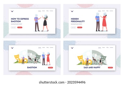 Emotion Landing Page Template Set. People in Good or Bad Mood Masks. Man and Woman in Smiling and Sad Masks. Male Female Characters Lying to Each Other, Hide Real Feelings. Cartoon Vector Illustration