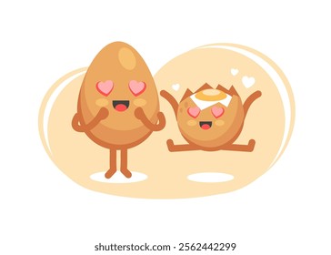 Emotion of love of the character egg whole and broken in a cute cartoon funny flat style.
