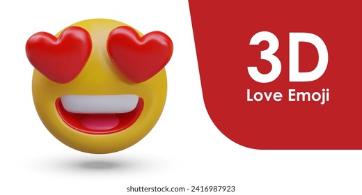 Emoción del amor. La cabeza amarilla mira con adoración. Emoticono de amor 3D con boca abierta. corazones rojos en lugar de ojos. Cerrar la ilustración vectorial aislada con brillo y sombras