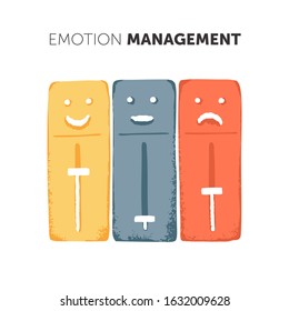 Emotion Management Concept. Regulating And Balancing Positive, Neutral And Negative Emotions In The Form Of Emoji And Slider Controls. Hand Drawn Flat Vector Illustration.