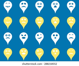 Emotion map marker icons. Vector set style: bicolor flat images, yellow and white symbols, isolated on a blue background.