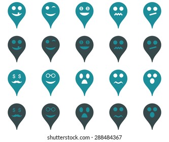 Emotion map marker icons. Vector set style: bicolor flat images, soft blue symbols, isolated on a white background.