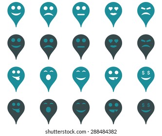Emotion map marker icons. Vector set style: bicolor flat images, soft blue symbols, isolated on a white background.