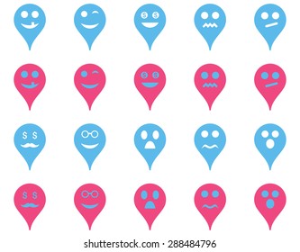 Emotion map marker icons. Vector set style: bicolor flat images, pink and blue symbols, isolated on a white background.