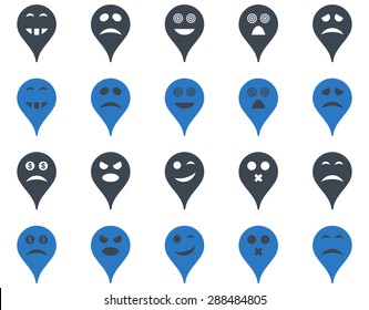 Emotion map marker icons. Vector set style: bicolor flat images, smooth blue symbols, isolated on a white background.