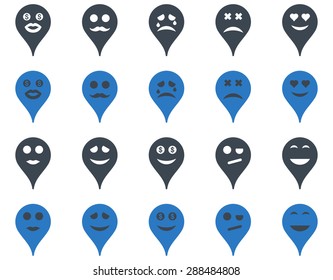 Emotion map marker icons. Vector set style: bicolor flat images, smooth blue symbols, isolated on a white background.