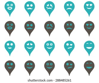 Emotion map marker icons. Vector set style: bicolor flat images, grey and cyan symbols, isolated on a white background.