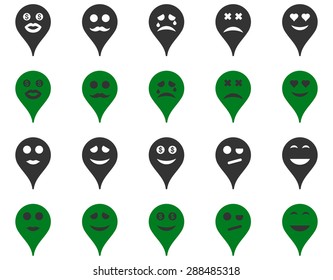 Emotion map marker icons. Vector set style: bicolor flat images, green and gray symbols, isolated on a white background.