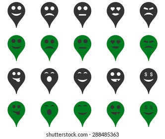 Emotion map marker icons. Vector set style: bicolor flat images, green and gray symbols, isolated on a white background.