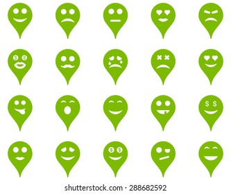 Emotion map marker icons. Vector set style: flat images, eco green symbols, isolated on a white background.