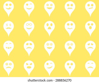 Emotion map marker icons. Vector set style: flat images, white symbols, isolated on a yellow background.
