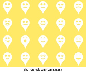 Emotion map marker icons. Vector set style: flat images, white symbols, isolated on a yellow background.