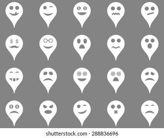 Emotion map marker icons. Vector set style: flat images, white symbols, isolated on a gray background.