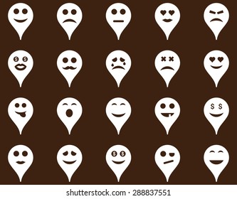 Emotion map marker icons. Vector set style: flat images, white symbols, isolated on a brown background.