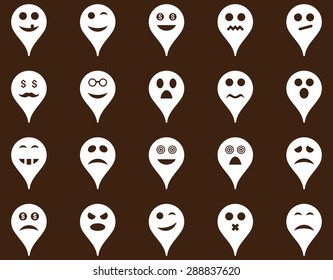 Emotion map marker icons. Vector set style: flat images, white symbols, isolated on a brown background.