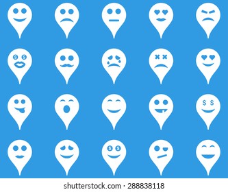 Emotion map marker icons. Vector set style: flat images, white symbols, isolated on a blue background.