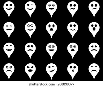Emotion map marker icons. Vector set style: flat images, white symbols, isolated on a black background.