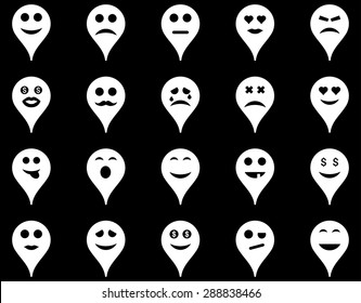 Emotion map marker icons. Vector set style: flat images, white symbols, isolated on a black background.