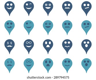Emotion map marker icons. Vector set style: bi-color flat images, cyan and blue symbols, isolated on a white background.