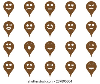 Emotion map marker icons. Vector set style: flat images, brown symbols, isolated on a white background.