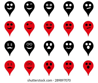 Emotion map marker icons. Vector set style: bicolor flat images, intensive red and black symbols, isolated on a white background.