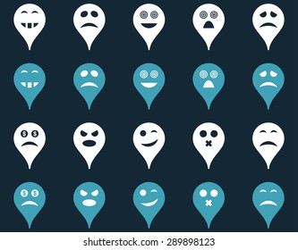 Emotion map marker icons. Vector set style: bicolor flat images, blue and white symbols, isolated on a dark blue background.