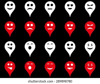 Emotion map marker icons. Vector set style: bicolor flat images, red and white symbols, isolated on a black background.