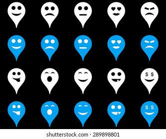 Emotion map marker icons. Vector set style: bicolor flat images, blue and white symbols, isolated on a black background.