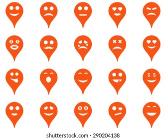 Emotion map marker icons. Vector set style: flat images, orange symbols, isolated on a white background.