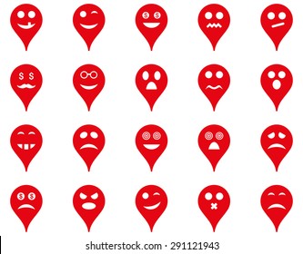 Emotion map marker icons. Vector set style: flat images, red symbols, isolated on a white background.