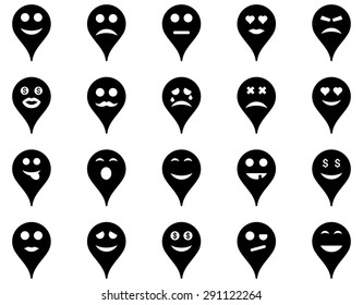 Emotion map marker icons. Vector set style: flat images, black symbols, isolated on a white background.