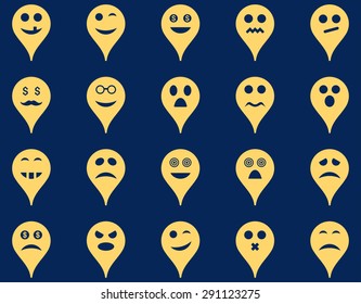 Emotion map marker icons. Vector set style: flat images, yellow symbols, isolated on a blue background.