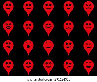 Emotion map marker icons. Vector set style: flat images, red symbols, isolated on a black background.