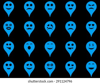 Emotion map marker icons. Vector set style: flat images, blue symbols, isolated on a black background.