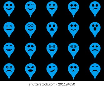 Emotion map marker icons. Vector set style: flat images, blue symbols, isolated on a black background.